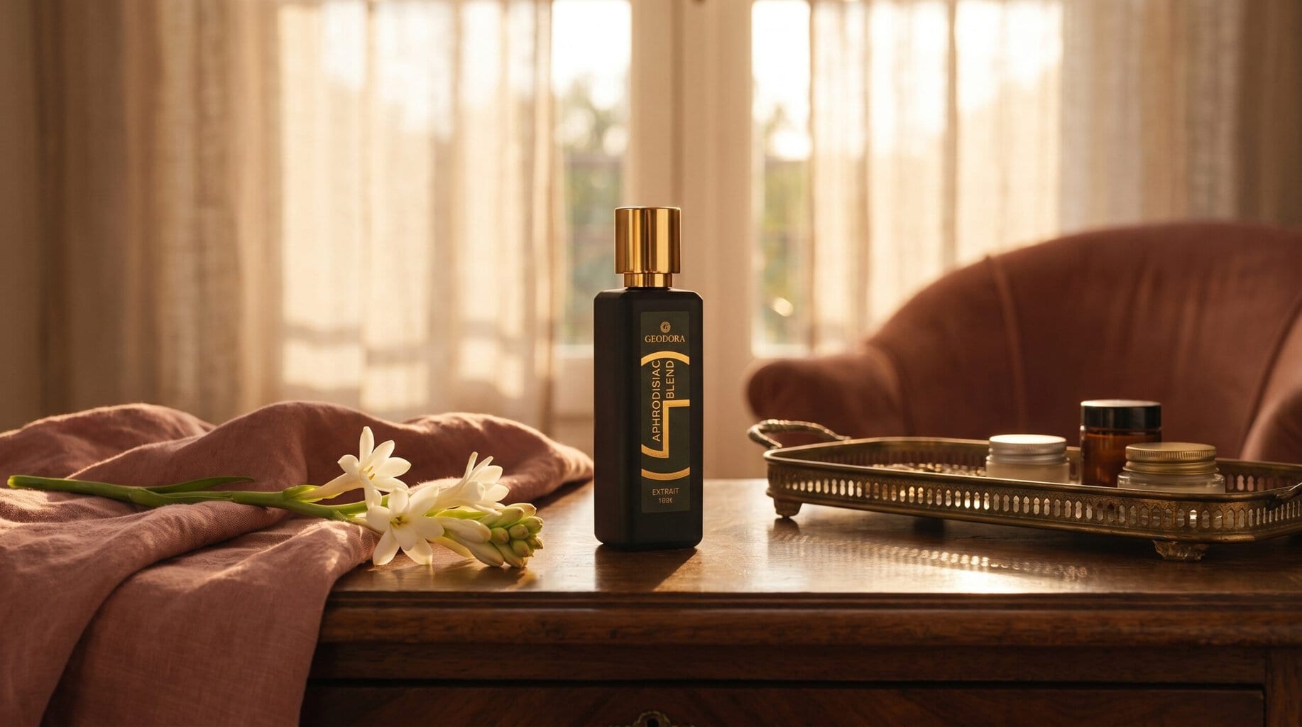 Aphrodisiac Blend Extrait sur une coiffeuse au coucher du soleil