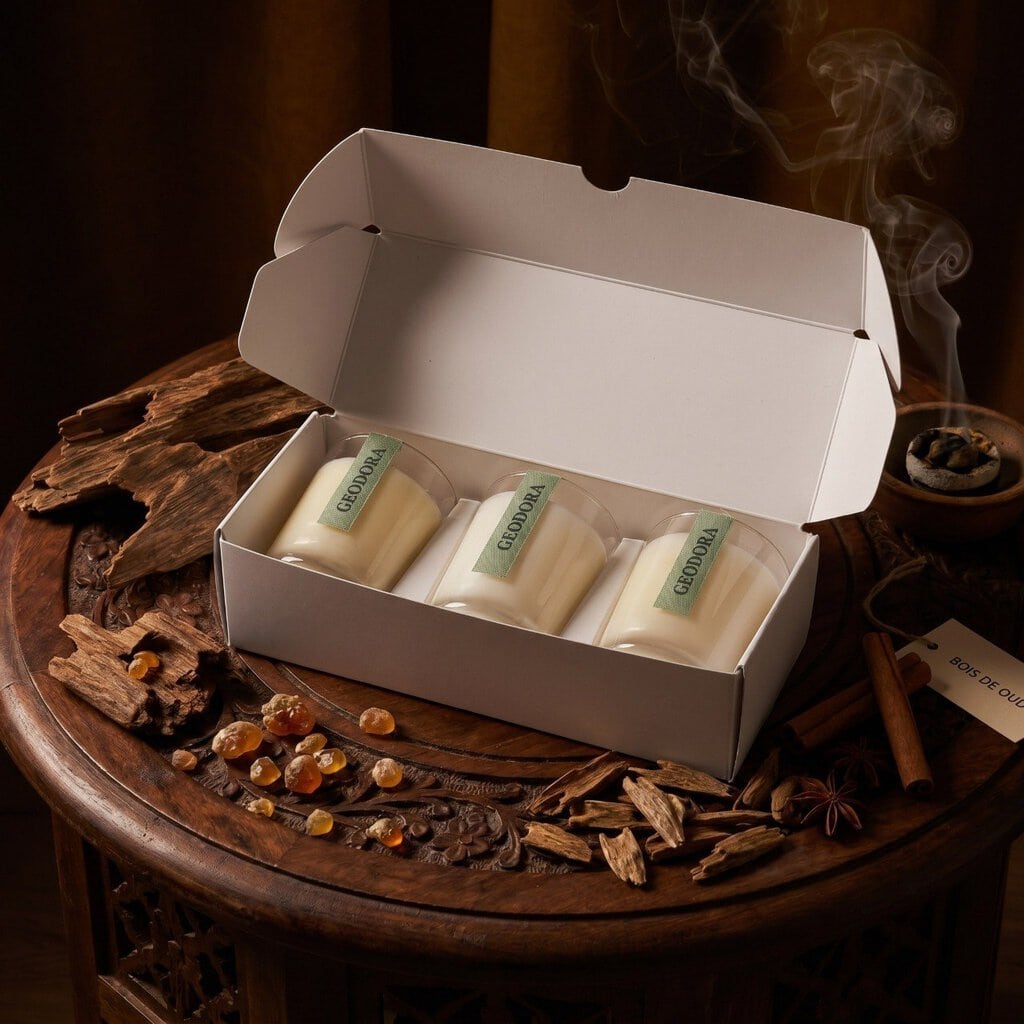Coffret trois bougies GEODORA - boite ouverte epices