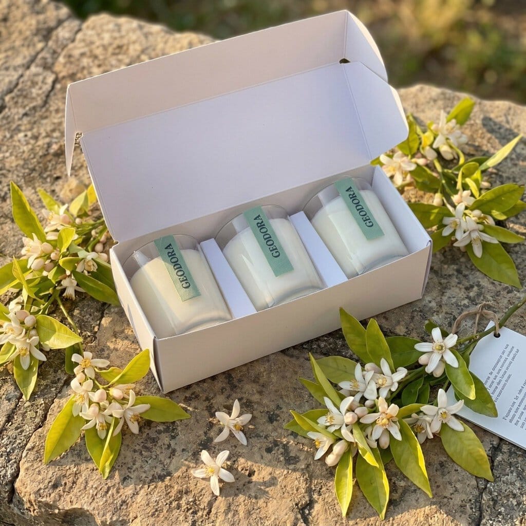 Coffret trois bougies GEODORA - boite ouverte fleurs