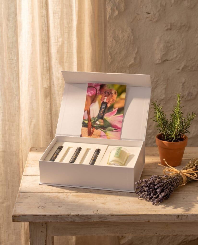 Coffret Extraits de Parfum Roll-on 8ml GEODORA avec bougie parfumee offerte