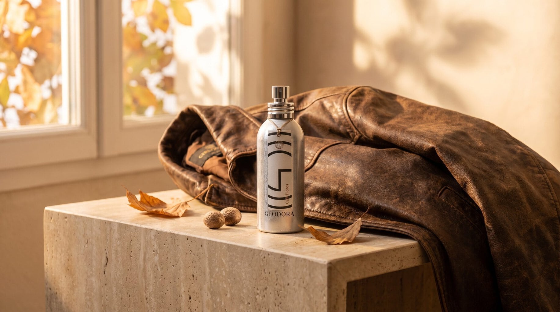 Parfum d'automne Cuir Florès GEODORA posé sur une veste en cuir