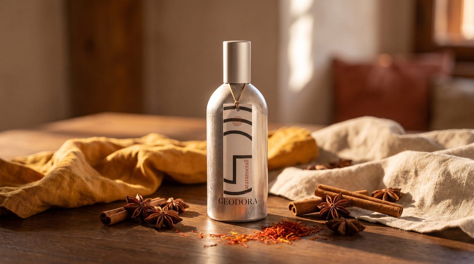 Parfum ambré Caravanserail GEODORA entouré d'épices