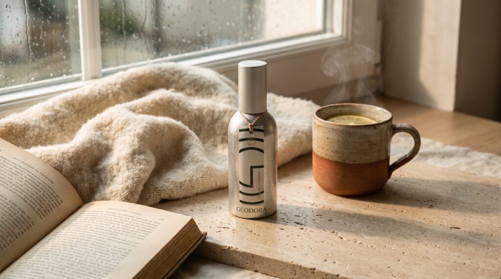 Parfum Baume Infusion GEODORA dans une ambiance cocooning d'automne